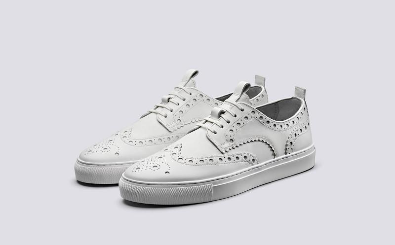 Grenson Sneaker 3 Mens Brogue Sneaker - White Calf Leather on Rubber Sole JC9184
